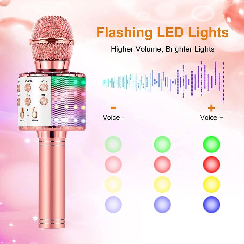 Microphone Kids Karaoke Microphone for Singing, 5 in 1 Bluetooth Microphone with LED Lights Karaoke Machine Portable Mic Speaker Player Recorder for Home Party Birthday (Pink)