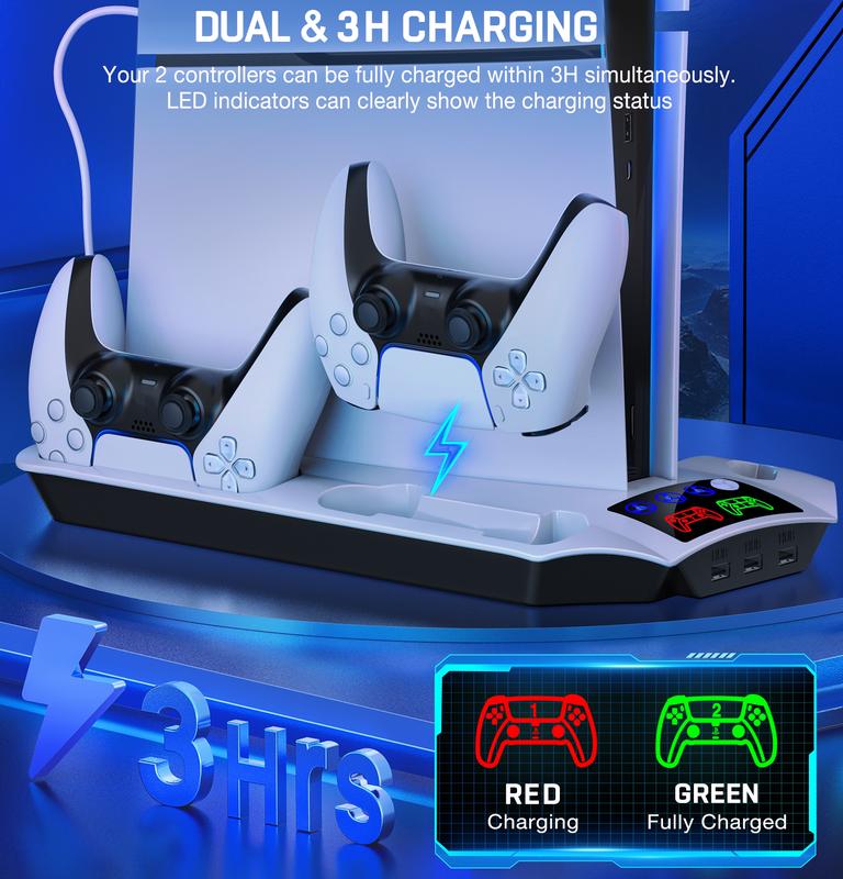 All-in-One PS5 PS5 Slim PS5 PRO Stand & Cooling Station with Dual Controller Charger, 3-Level Fan, 13-Game Holder, USB Hub & Headset Mount Accessories Console