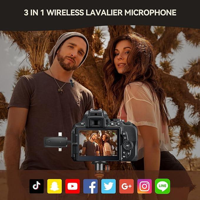 2 PCS Wireless Lavalier Microphone, Mini Wireless Clip-on Professional Microphones for iPhone Android ipad Camera,2.4G Lapel Mic with Noise Reduction-3 in 1 Cordless Microphone for TikTok,YouTube,Live Streaming mini wireless