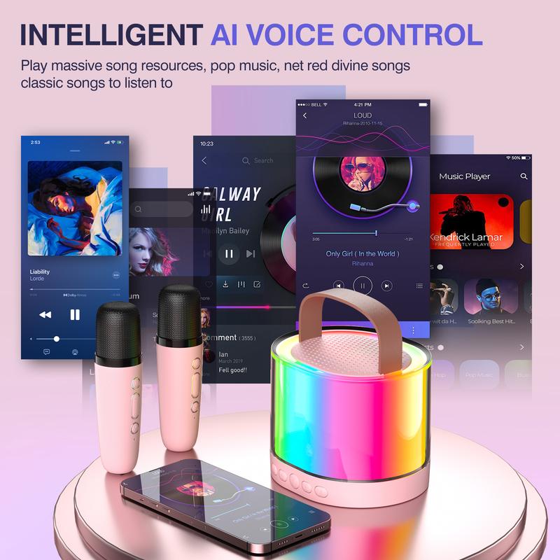 Mini karaoke machine for young and old with 2 wireless microphones, portable speakers and LED lights. Birthday gift for boys and girls aged 5-12+ years old Audio Smartphone portable bluetooth