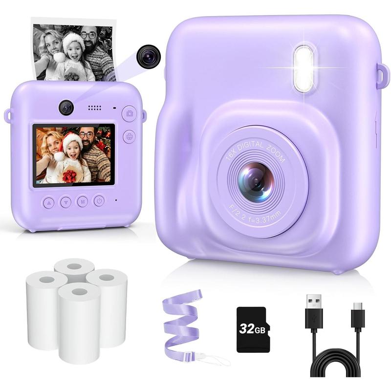 Camera Instant Print, Dual-Lens 48MP Digital Camera for Christmas Birthday Gifts, 1080P Selfie Instant Cameras for  with 32GB Card, Instant Print Digital Camera for Girls Boys-Purple