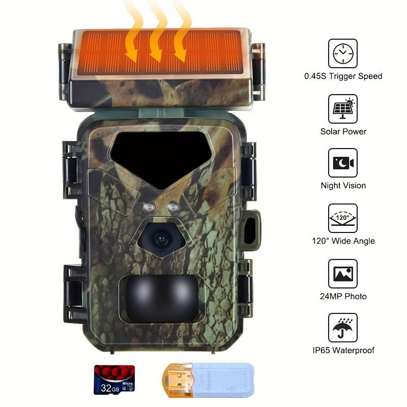 Trail Camera With Solar Panel, 24MP 1080P Hunting Camera 0.45s With 32G Memory Card&Card -Reader-Solar Infrared Night Vision Camera - IP 65Waterproof And Dustproof, ABS Material, Wall &Tree-mountedd, Ideal For Hunting And Fishing, Wildlife