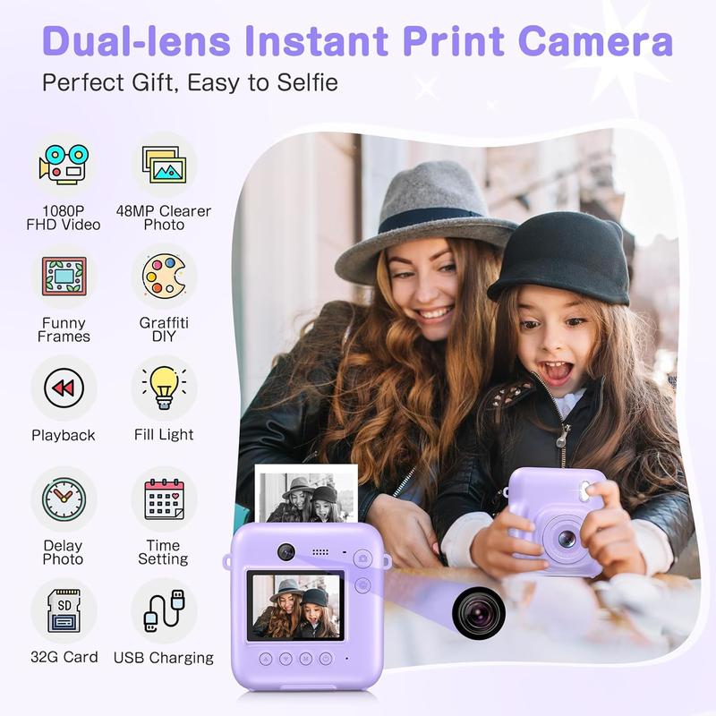 Camera Instant Print, Dual-Lens 48MP Digital Camera for Christmas Birthday Gifts, 1080P Selfie Instant Cameras for  with 32GB Card, Instant Print Digital Camera for Girls Boys-Purple