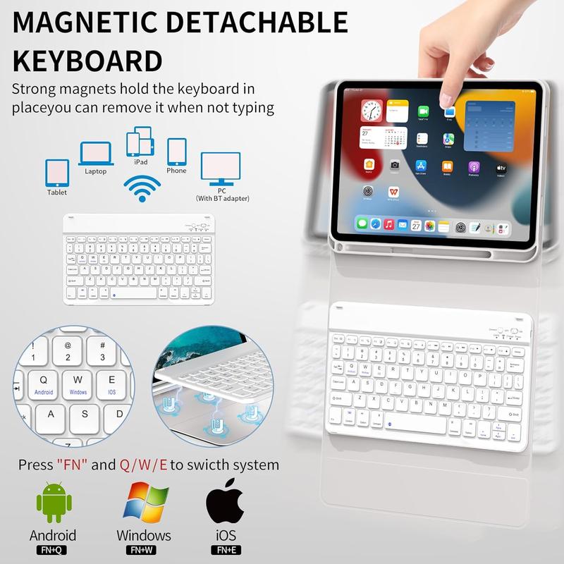 10.9 inch iPad 10th Generation Case 2022 with Keyboard and Pencil Holder, Rechargeable Detachable   Keyboard (Quick Connection), Soft TPU  Shell, Auto Sleep Wake, Gray