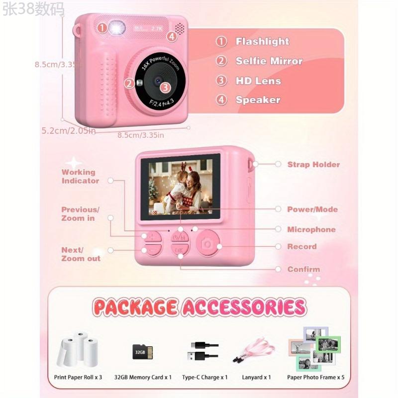 Kids Camera Instant Print, 12MP 1080P Digital Camera for Kids Age 3-12, Christmas Birthday Gifts for 4 5 6 7 8 9 10 Year Old Girls Boys, 32GB Toddler HD Video Camera Print Photos Portable Toy Charging Rechargeable