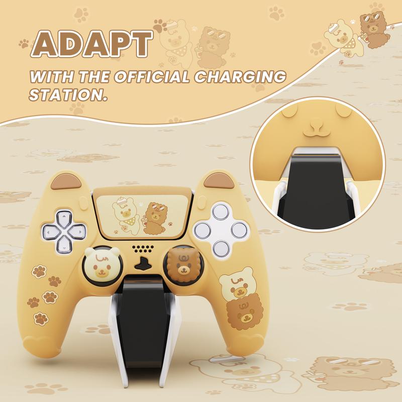 PlayVital Cute Bear Controller Silicone Case for ps5, Kawaii Controller Cover Protection Compatible with Charging Station, Gamepad Skin Protector for ps5 with Touch Pad Sticker & Thumb Grips Accessories