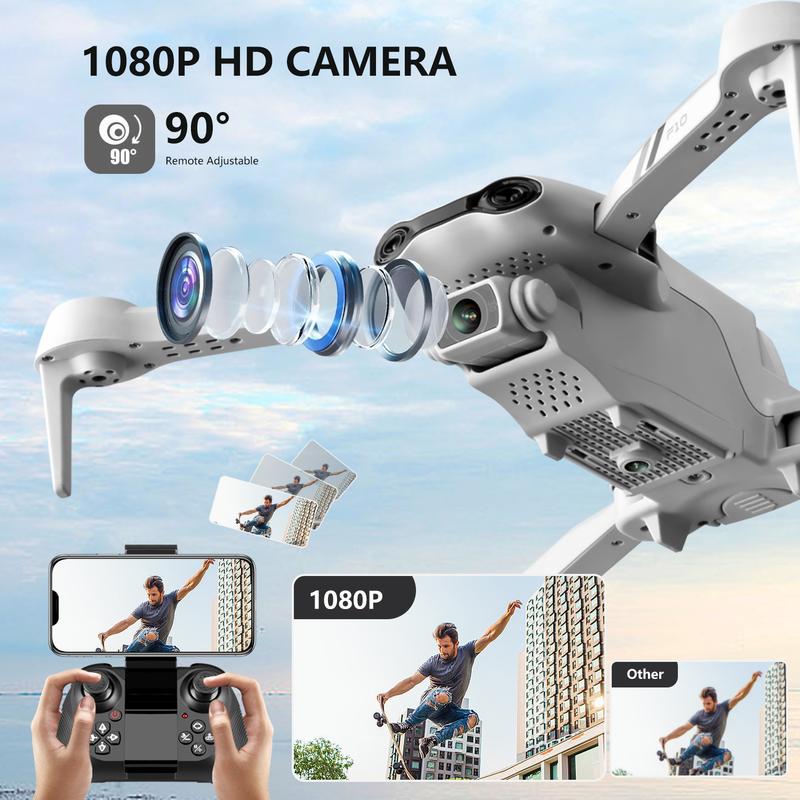 F10-1080p WiFi FPV drone with 1080p HD camera, headless mode 3D flips, RC quadcopter for beginners silver white Button Christmas