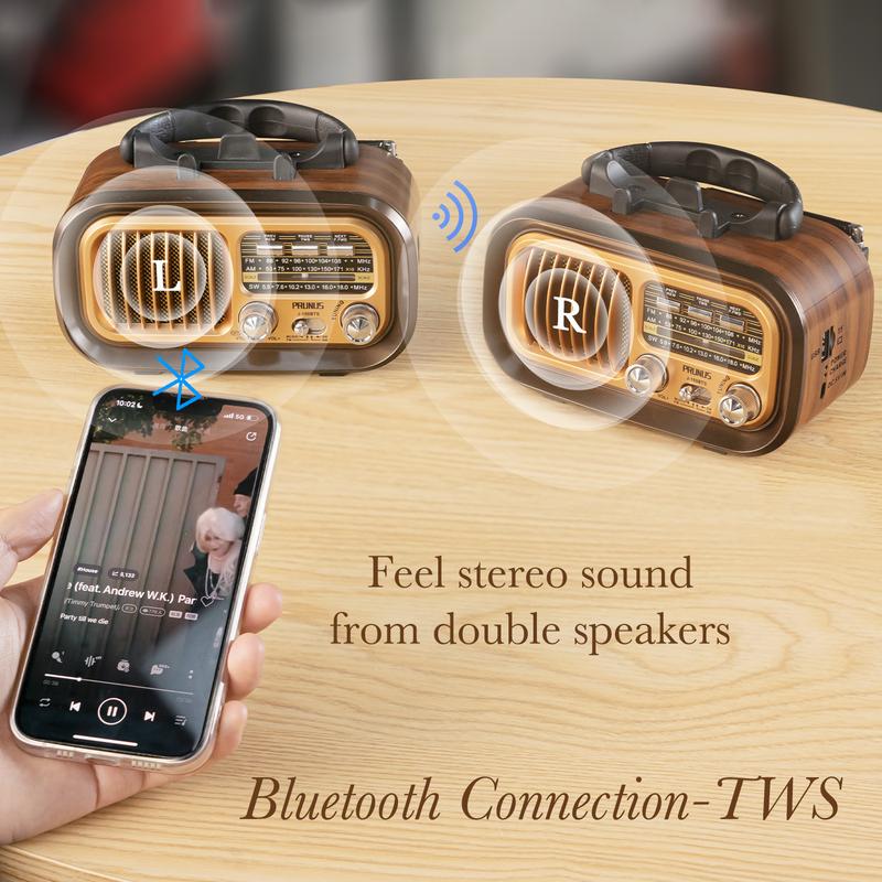 PRUNUS J-150 Retro Bluetooth AM FM Radio Portable with Best Sound Solar Battery Operated Rechargeable TWS Supports TF Card USB Playback