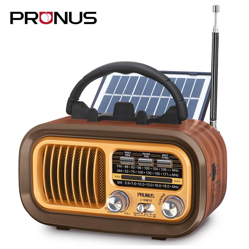 PRUNUS J-150 Retro Bluetooth AM FM Radio Portable with Best Sound Solar Battery Operated Rechargeable TWS Supports TF Card USB Playback