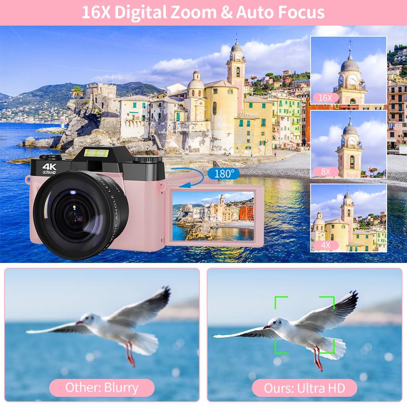 4K Digital Cameras for Photography, 56MP Affordable Vlogging Camera with WiFi, 3-inch 180-degree Flip Screen, 16X Digital Zoom Students Compact Camera with 52mm Wide-Angle Lens & Macro Lens, 32G Micro SD Card, Perfect Gifts for Christmas