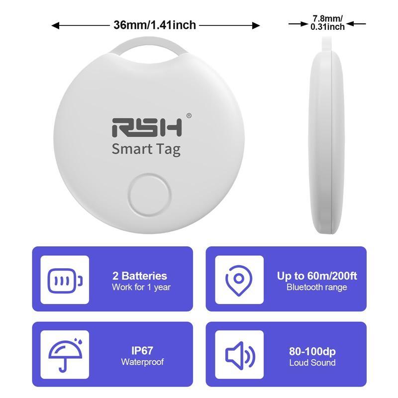 RSH Smart Tag, Bluetooth-compatible Smart Tag, Anti-lost Small Smart Tracker for Mobile Phones, Luggage, Wallets, Keys, Cars, Animals