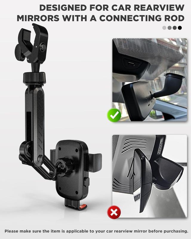 IPOW Rearview Mirror Phone Holder for Car 360°Rotatable and Retractable, Auto Clamp Car Phone Mount with Multi-Angle Adjustment Compatible with All 4-7 Inch Phones