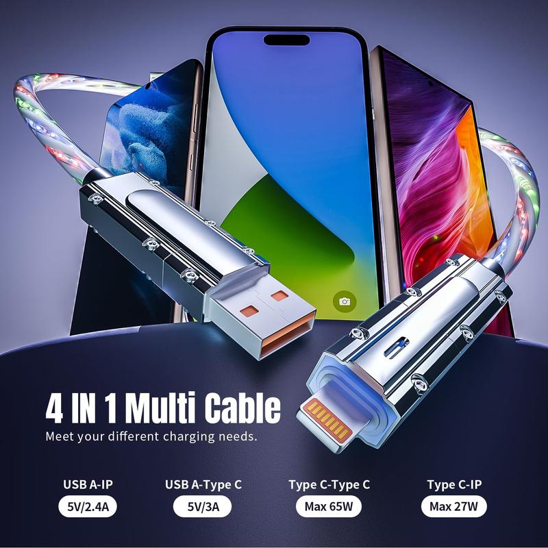 PQRQP 4-in-1 Multi Fast Charging Cable 4FT,LED Light Up USB C Cable Fast Charging with Hook-and-Loop Fastener Multi iPhone Charger Cord for iPhone 16 15 Pro Max 15 Plus  14 13 Pro iPad MacBook Samsung