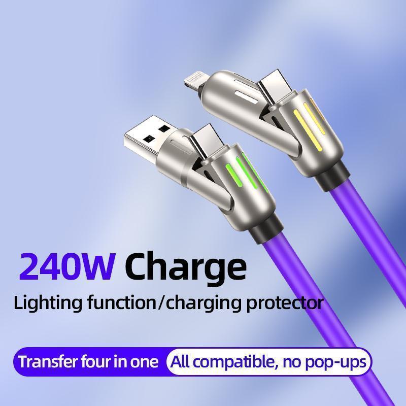 4-in-1 USB Charging Cable, fastcharging cable MAX 240W USB A+ TYPE C + Lightning Multi national aluminum alloy cable management 240W suitable for iPhone 15 14 Samsung Galaxy, Android Phones & Tablets iPad Pro Smartphone Cellphone Mobile Electronic