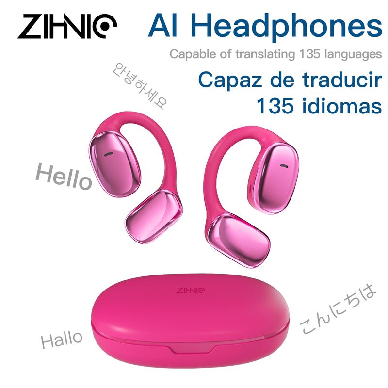 ZIHNIC S11 Open Ear AI Translation Headphones With Charging Case, Comfort Wireless Earbuds,Bluetooth V5.4,Hot Pink Instant Translation Earphones Support 135 Languages,AI Chat