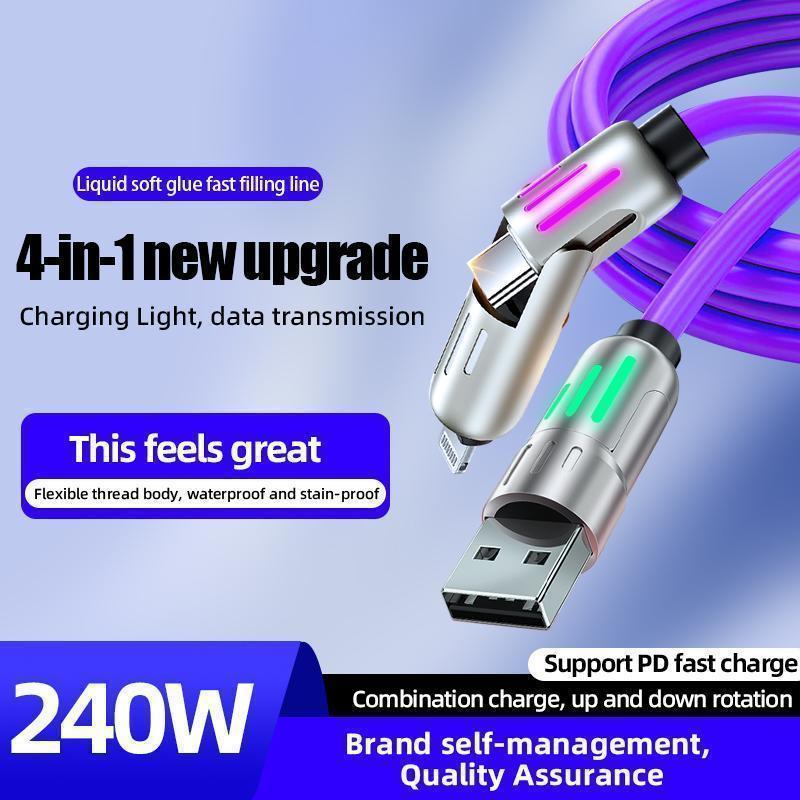 4-in-1 USB Charging Cable, fastcharging cable MAX 240W USB A+ TYPE C + Lightning Multi national aluminum alloy cable management 240W suitable for iPhone 15 14 Samsung Galaxy, Android Phones & Tablets iPad Pro Smartphone Cellphone Mobile Electronic