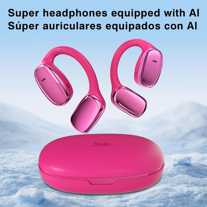 ZIHNIC S11 Open Ear AI Translation Headphones With Charging Case, Comfort Wireless Earbuds,Bluetooth V5.4,Hot Pink Instant Translation Earphones Support 135 Languages,AI Chat