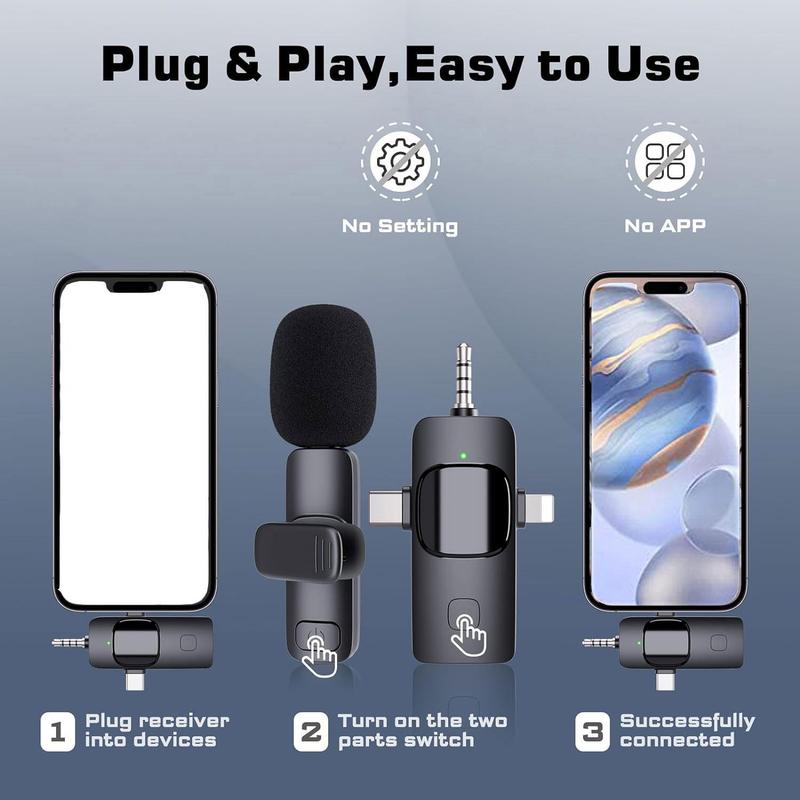 4 in 1 Wireless Lavalier Microphone, USB Rechargeable Wireless Microphone, Professional Wireless Lavalier Lapel Microphone for iPhone Android Phone