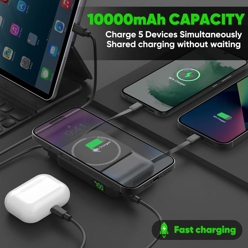 2024 Version 10000mAh Magnetic Wireless Portable Power Bank Charger, LED Display 20W PD Fast Charging Battery Pack, Built in Cables Phone Charger for iPhone iPad Samsung Google Pixel LG Moto More