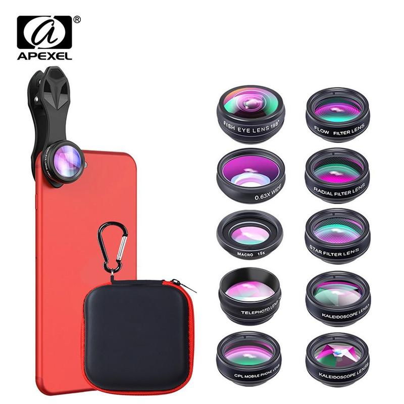 APEXEL 10 in 1 Mobile Phone Lens Kit, Macro Lens & Wide Angle Lens & Fisheye Lens & Telephoto Lens & CPL Flow Radial Star Filter Lens & Kaleidoscope 3 6 Lens, Suitable for iPhone, Samsung, Xiaomi, and All Smartphones