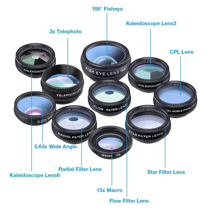 APEXEL 10 in 1 Mobile Phone Lens Kit, Macro Lens & Wide Angle Lens & Fisheye Lens & Telephoto Lens & CPL Flow Radial Star Filter Lens & Kaleidoscope 3 6 Lens, Suitable for iPhone, Samsung, Xiaomi, and All Smartphones