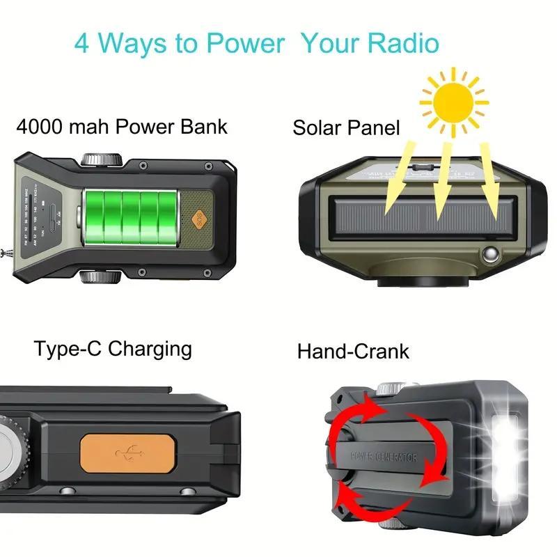 Portable Hand Crank Radio, Solar Powered AM FM Radio with 4000mAh Rechargeable Power Bank, Emergency Radio with Flashlight for Indoor & Outdoor Hiking & Camping