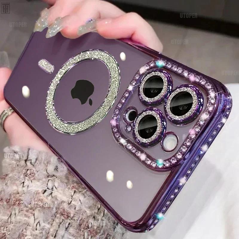 For iPhone Series Bling Fashion Girl Pink Crystal Glitter Transparent Magnetic Case iPhone 16 15 14 13 12 11 Pro Max Plus Wireless Charging Diamond Cover Link No.251