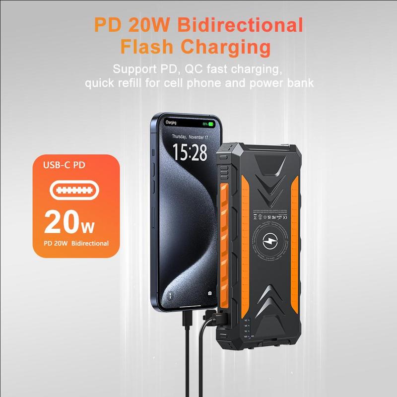 20000mAh Solar Powered Power Bank, Portable Wireless Charging Power Bank with LED Flashlight, Waterproof Power Bank for Apple Phones Android Phones, Stocking Fillers Gift