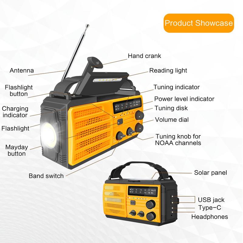 Solar Powered Hand Crank Radio with 3 Modes Flashlight & 2 Modes Reading Light & AM FM Radio Function & SOS Alarm, Suitable for Outdoor Emergencies