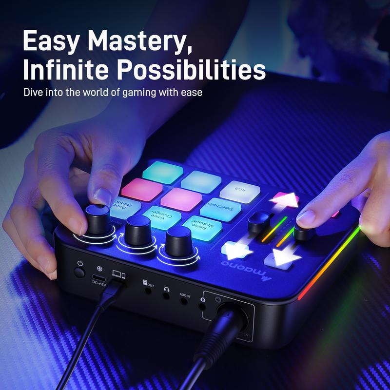 MAONO G1 NEO RGB USB Audio mixer with Bluetooth, Noise reduction, easy to use with PC, Smartphone, XLR microphone, ideal for gaming and streaming.