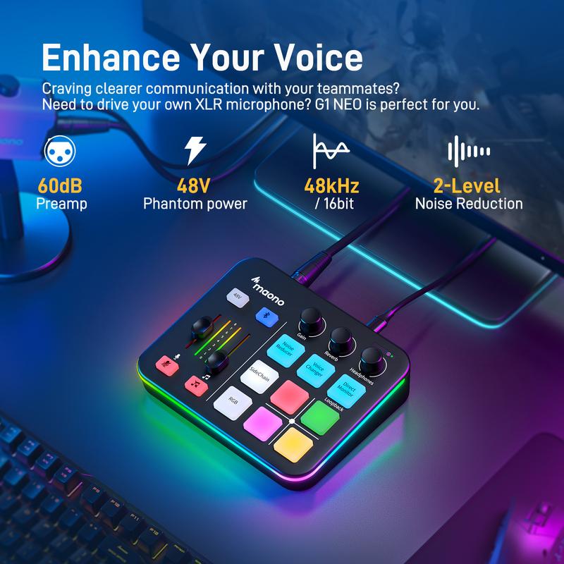 MAONO G1 NEO RGB USB Audio mixer with Bluetooth, Noise reduction, easy to use with PC, Smartphone, XLR microphone, ideal for gaming and streaming.