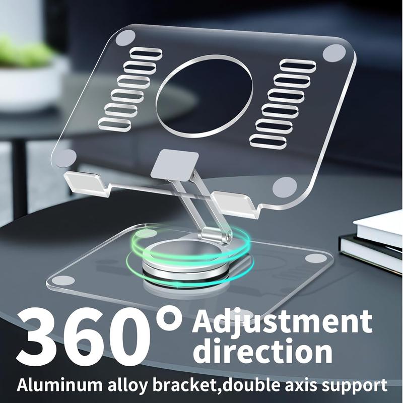 Tablet Stand with 360 Rotating Base, Foldable Clear Tablet Holder for Desk, Compatible with iPad Pro Air Mini and More (Transparent1)