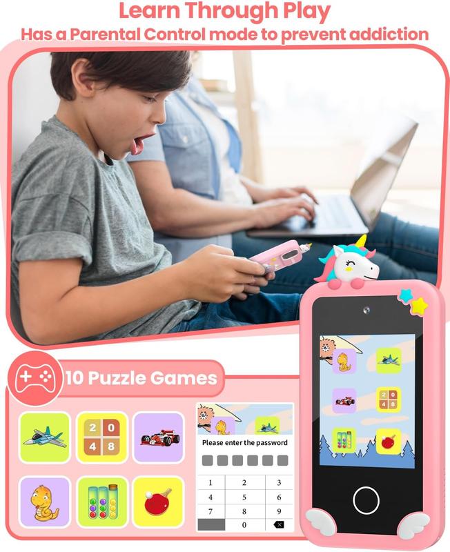 32GB SD Card Smartphone Toy for Kids, Birthday Gift Unicorn Toy Phone, Touch Screen HD Dual Camera Kids Phone, Travel Toy Preschool Learning Toy Mobile Educational