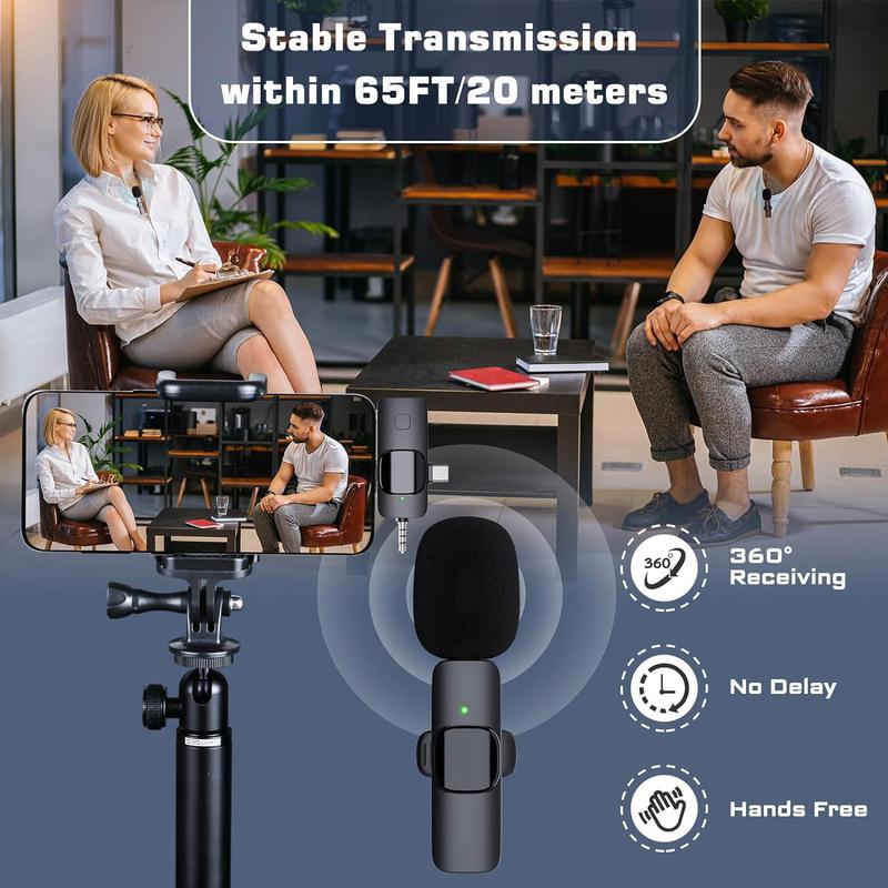 4 in 1 Wireless Lavalier Microphone, USB Rechargeable Wireless Microphone, Professional Wireless Lavalier Lapel Microphone for iPhone Android Phone