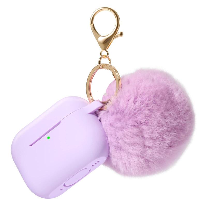 Silicone Anti-fall Earphone Protective Case with Keychain and Fur Ball & LED Charging Indicator Light, Impact and Scratch Resistant, Compatible with AirPods Pro 2nd