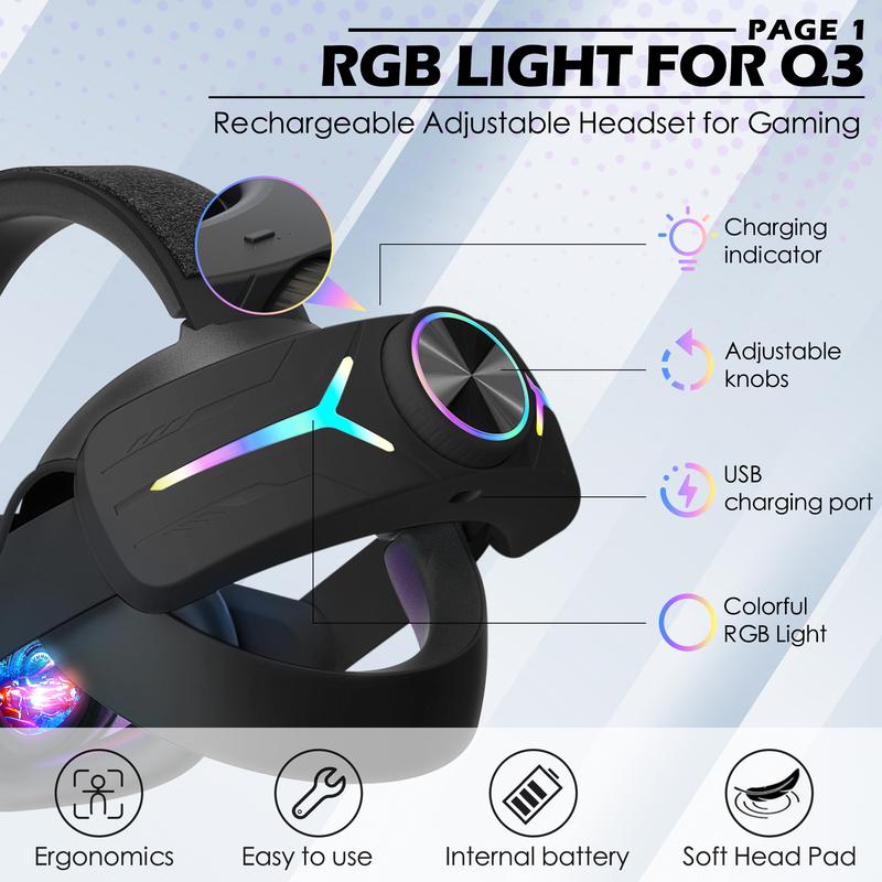 Orzero Head Strap Accessories Compatible for Quest 3 with Extended 8000mah Battery Pack, Fast Charging 9V 2A Extended Gaming Time with RGB Light - Black