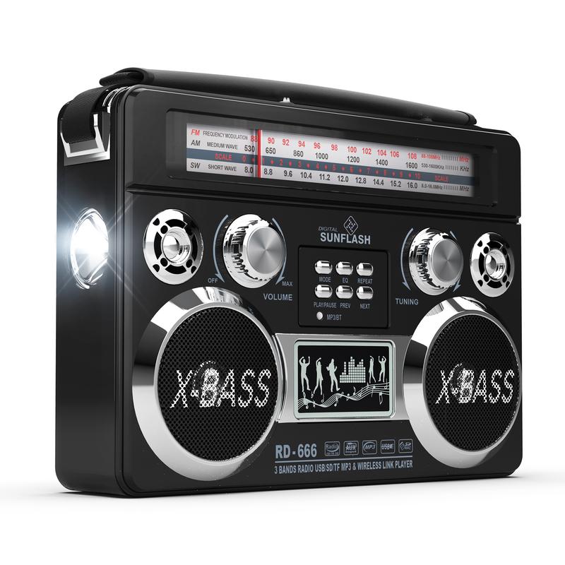 DIGITAL SUNFLASH Retrobox  AM FM SW 3-Band Portable Audio Radio Speaker Player Receiver  with Wireless Bluetooth Boombox Built-in Flash Light, SD, MicroSD, AUX Input,  Rechargeable Battery