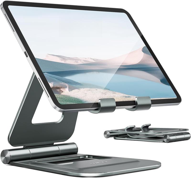 Aluminum Dual Foldable iPad Stand, Fully Adjustable Desktop Tablet Holder, iPad Accessories for Office Kindle Compatible with Mobile Devices iPad Pro Air Mini,  Pro Max Plus, Gray