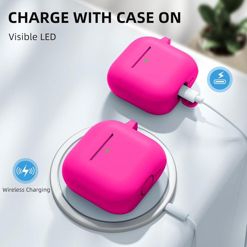 Compatible with AirPods 4 Case(2024), Soft Silicone Protective Cover for AirPods 4 Case with Keychain, Cleaning Kit & Anti-Loss Strap, AirPods 4th Generation Case for Women Men,Rose Pink Protection Protection