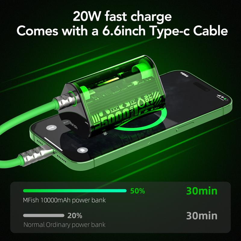 MFish Portable Charger Power Bank GaN Tech 10000mAh with 20W Fast Charging and Built-in Type-C Cable in Green - Chargeable, Accessories