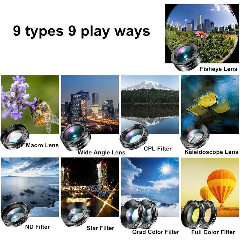 APEXEL 11 in 1 HD Phone Lens Kit, Wide Angle Fish Eye Lens & CPL Star ND Filter Lens Kit, Mobile Phone Accessories for iPhone Samsung & Most Smartphones, Smartphone Lens, Macro Lens, Zoom Lens