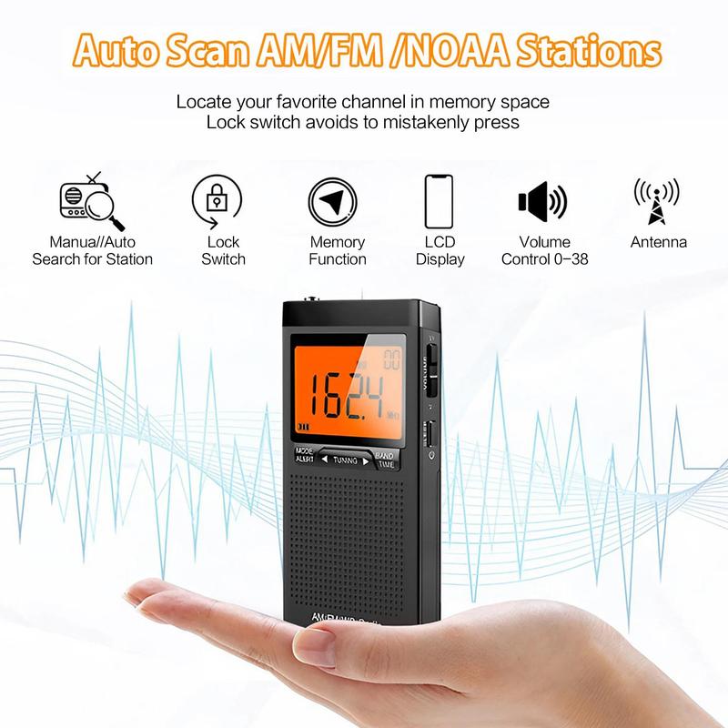 Portable AM FM WB Radio, Batteries Powered Multifunctional Digital Radio with 3.5mm Headphone Jack, Clock Function Radio with Flashlight for Home Outdoor (Battery Not Included)