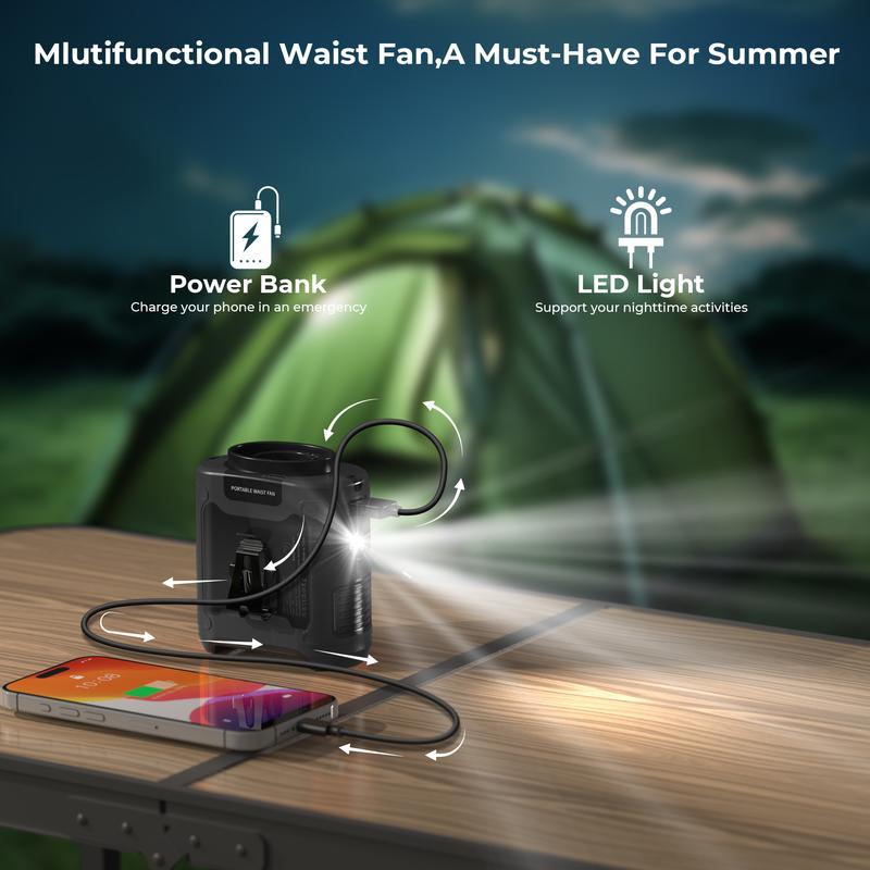 Portable Fan, USB Rechargeable Waist Fan with Clip & LED Light & Power Bank, 5-speed Cooling Fan for Outdoor Travel Camping, Back to School Gifts