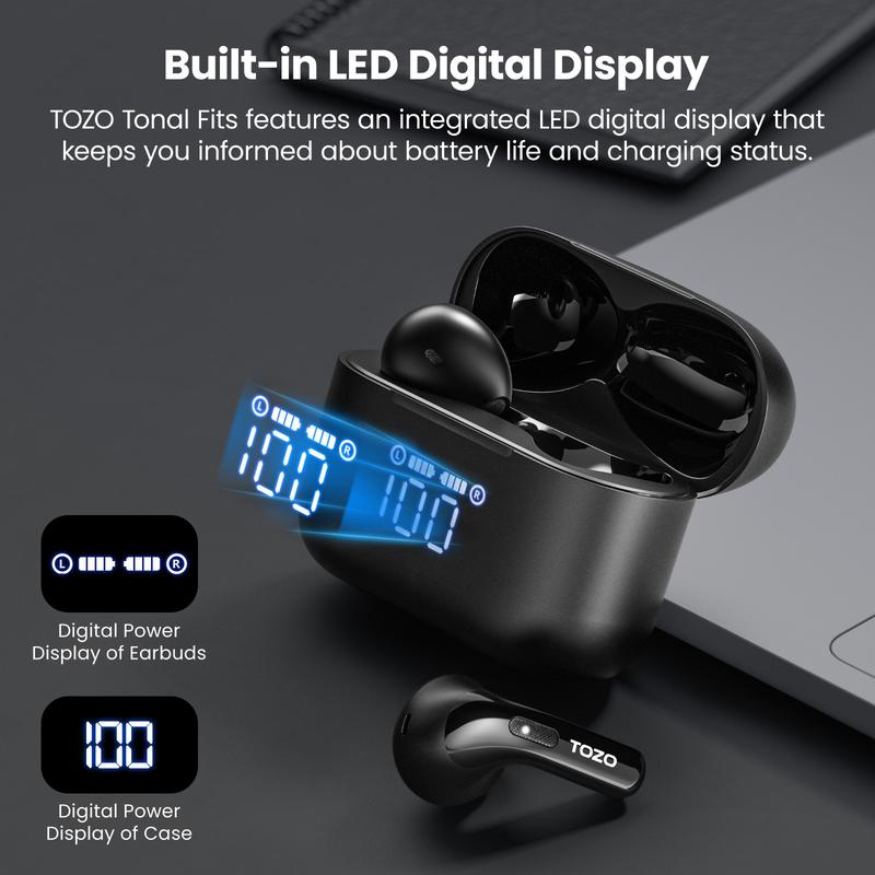 TOZO T21 Earbuds, 5.3 Bluetooth Headphone, Sem in Ear with Dual Mic Noise Cancelling, IPX8 Waterproof, Stereo Sound with Power Display Charging Case Black Audio Connection Digital Headset Workout Electronic Audio Connection wireless earphone app control