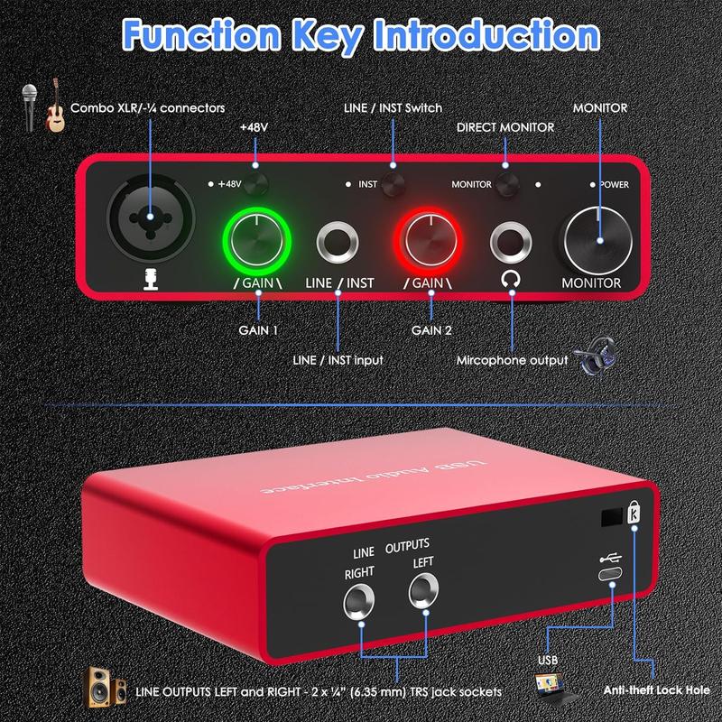 USB Audio Interface, 24-bit 192kHz USB Audio Interface with 48V Phantom Power, Audio Interface for Computer Recording, Podcasting and Streaming, Desktop & Laptop Components, Studio Equipment