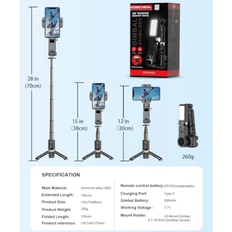 Gimbal Stabilizer for Smartphone,KOSCHEAL 2-Axis Auto Face Tracking Selfie Stick for iPhone,360°Rotation with Remote for Android and iPhone,Ideal for Vlogging,YouTube,TikTok Video Recording