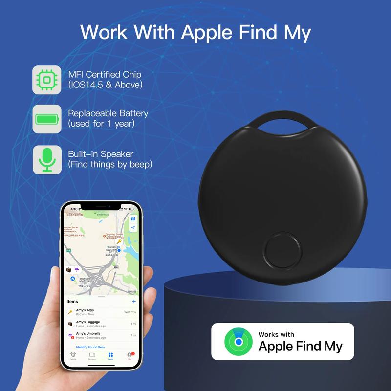 RSH Key Finder (ITag09 Black, 1 Pack)，Smart Bluetooth Tracker，Compatible with Apple Find My (iOS only)，Key Locator, Backpack, Wallet, Suitcase，IP65 Waterproof；  Device