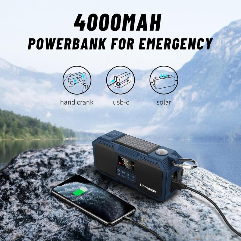 Emergency Radio 10W IPX5 Waterproof Bluetooth Speaker,Portable Digital AM FM Radio with Flashlight Strobe Light,3 Mode Reading Lamp,Hand Crank WB NOAA Weather Solar Radio,4000mAH Cell Phone Charger