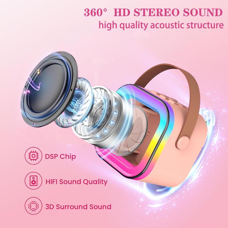 Karaoke Machine for  Adults, Mini Portable  Speaker with 2  Mics and LED Light,5 Variable Voice,for Home Party Birthday Suitable for Girls Boys Ages 3-12+  (Pink)