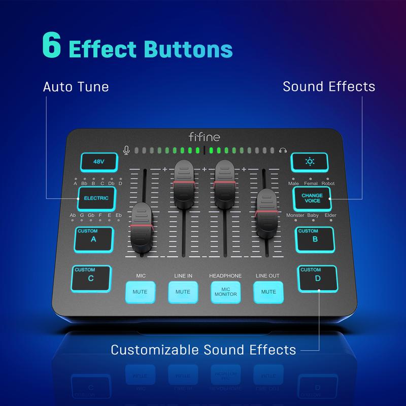 Fifine SC3 Gaming Audio Mixer,Audio Interface with Individual Control, Volume Fader, Mute Button, RGB, 48V Phantom Power for Live Streaming, Podcasting, Content Create, Gaming